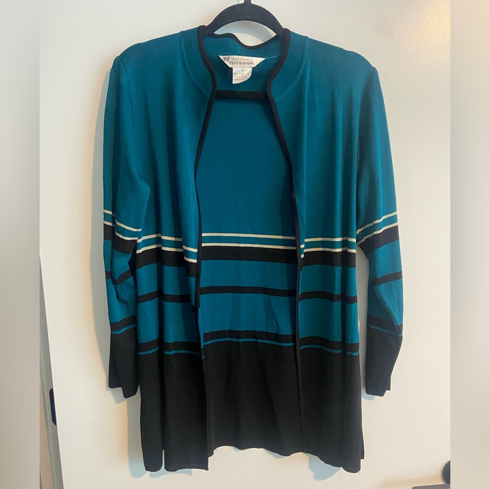 Exclusively Misook Teal Black Open Front Cardigan Jacket Size SMALL Acrylic
